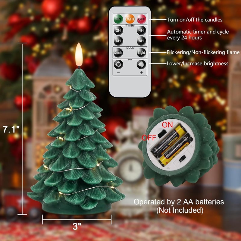 DRomance Christmas Tree Flameless Candles String Lights with 11-Key Remote and Timer, 2 Pack Green Real Wax Battery Operated 3D Wick LED Flickering Candles Dinner Holiday Indoor Decor(3" x 7.1") - Image 2